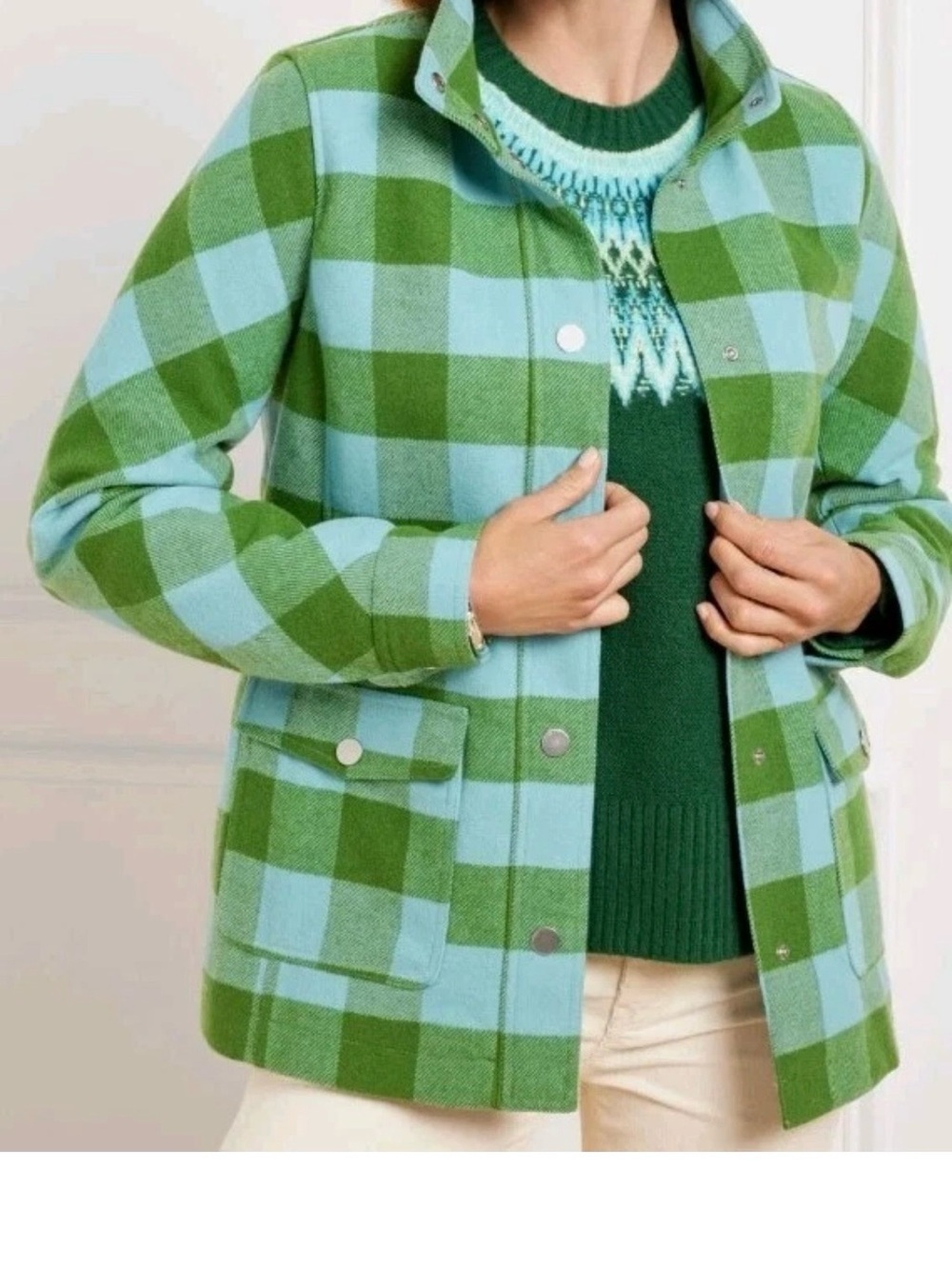 Talbots Green and Light Blue Check Pea Coat